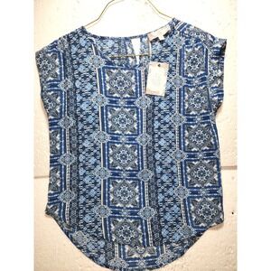 Pink Rose Vintage Top Women Small Blue Printed Round Neck Blouse Sleeveless